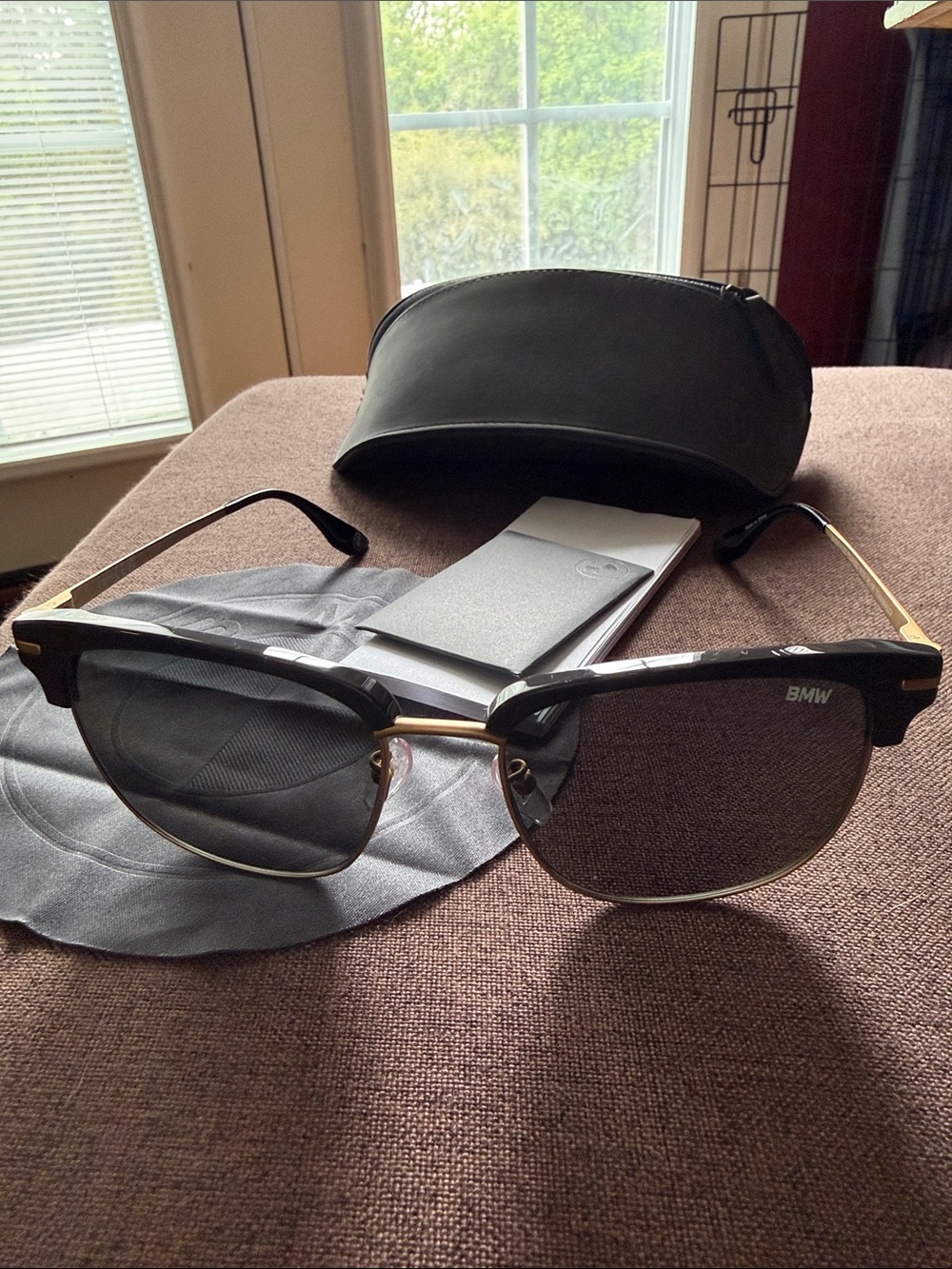 BMW Unisex Polarized  Black and Gold Clubmaster Sunglasses with Case